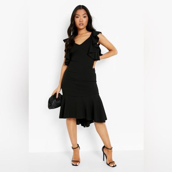 Boohoo Frill Open Back Short Waterfall Flutter Sleeve Flounced Hem Midi Dress 10 - Picture 2 of 10